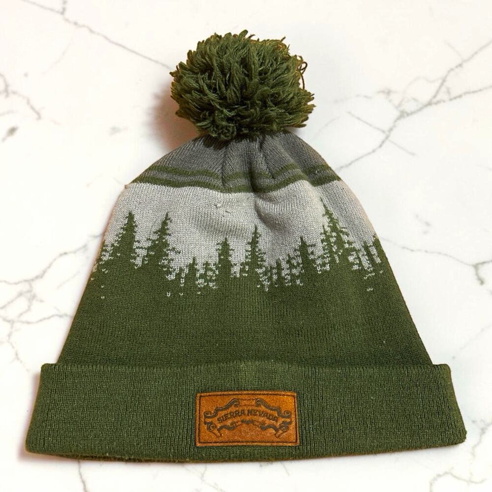 SIERRA NEVADA Knit Beanie Hat Pom Pom Tree Graphic Logo Patch 100% Cotton OS